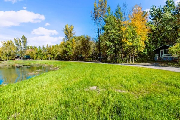 A grassy area with a pond and trees, a small building with a porch, and a clear sky. - Chalet with Full Kitchen # 1 Domaine de l Archipel (Montérégie)