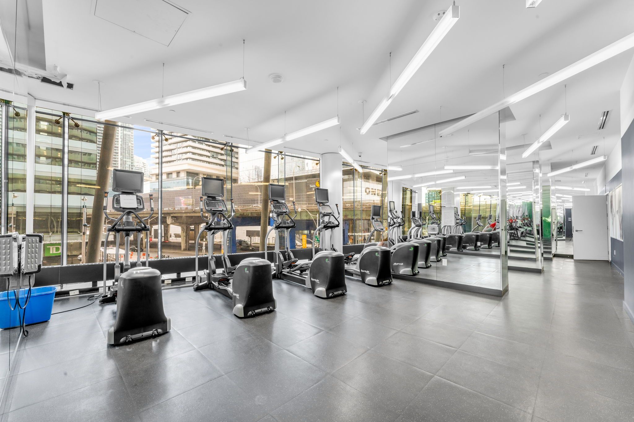 Academia moderna com equipamentos de cardio, espelhos e amplas janelas.