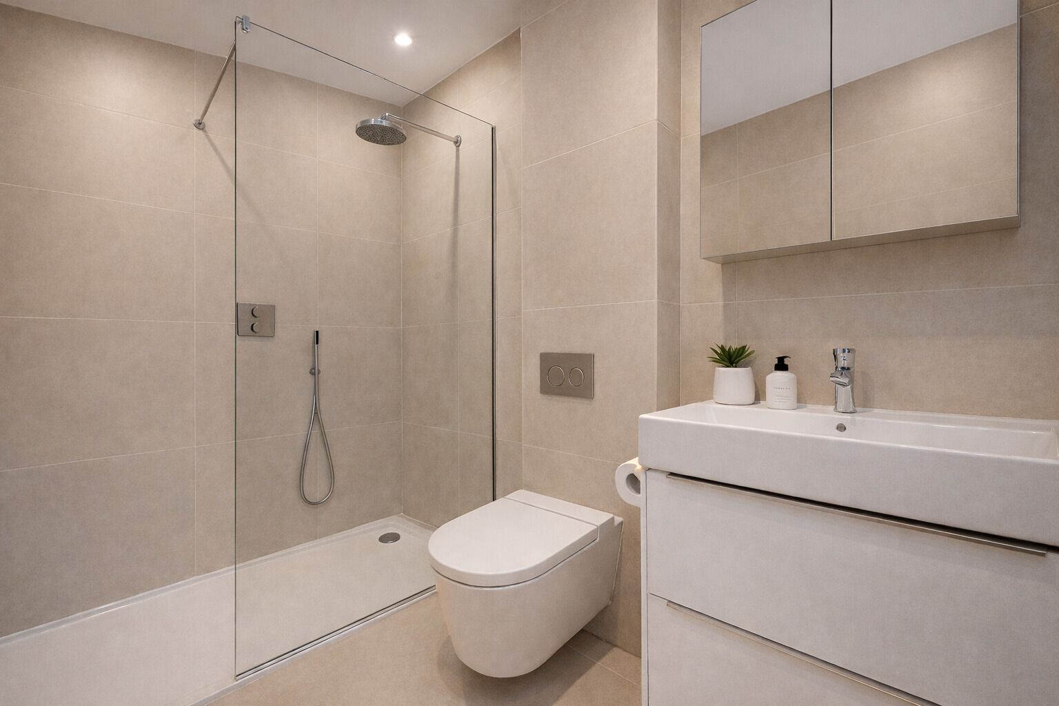 Un baño moderno con ducha de vidrio, inodoro y lavamanos con espejo.