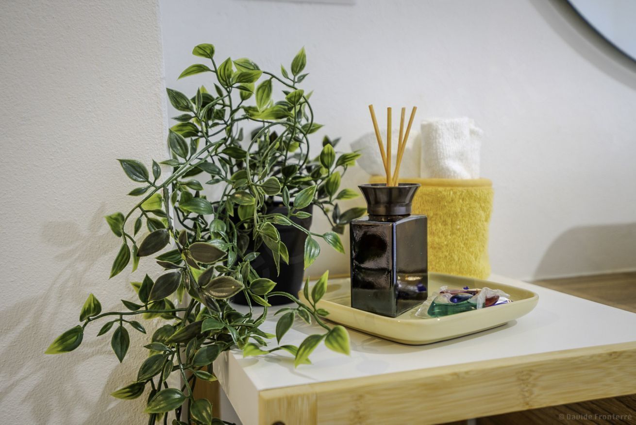 Een kleine plant in een zwarte pot, een zwarte vaas met wierookstokjes, en een gele spons op een dienblad.