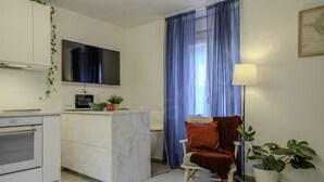 Un espace de vie compact comprenant une cuisine, un téléviseur à écran plat, un coin repas et un espace détente avec un fauteuil et une plante en pot.