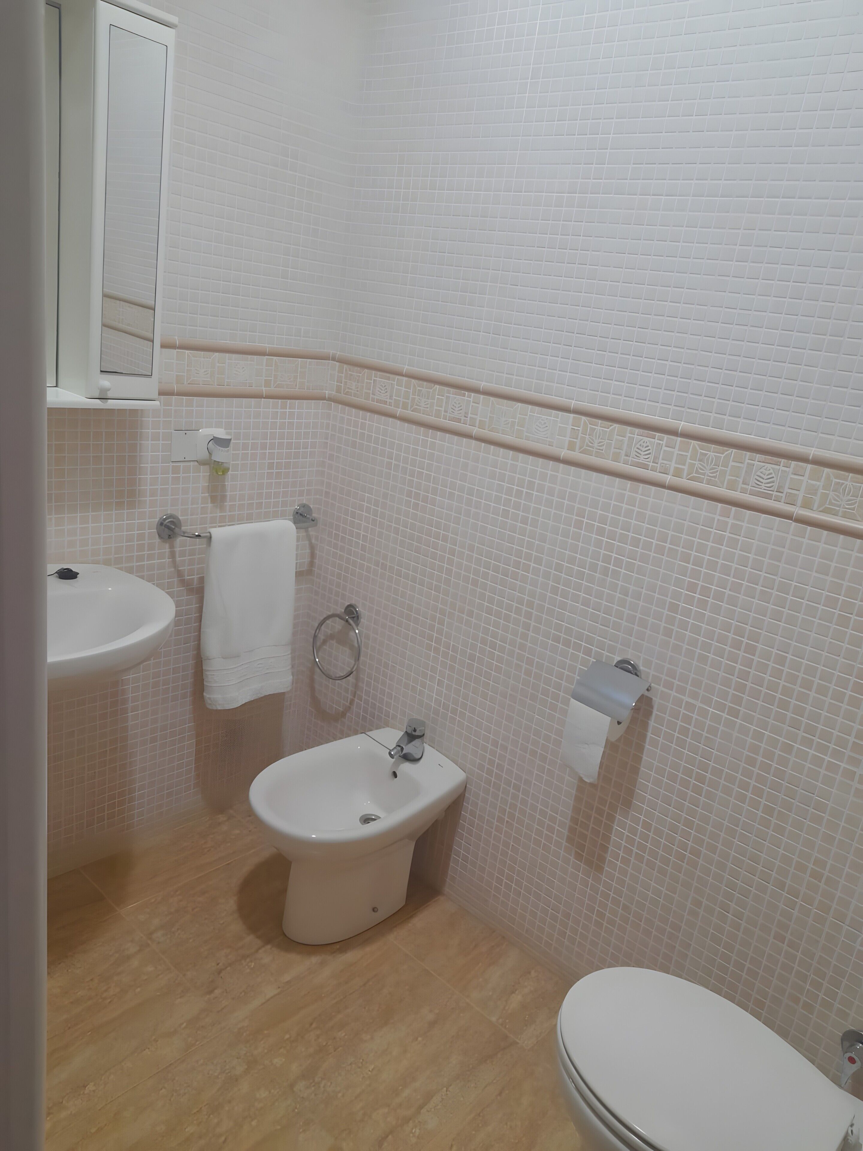Une salle de bain équipée d’un lavabo, d’un bidet, de toilettes et d’un miroir.