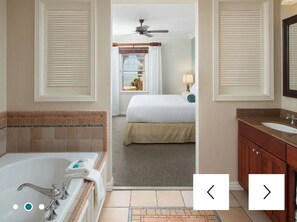 Jetted bath, hair dryer, towels, soap