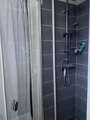 Regadera, secadora de cabello, jabón, papel de baño