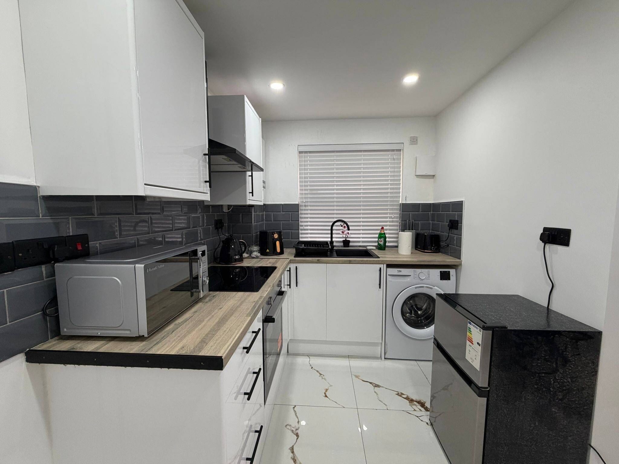 Fridge, microwave, oven, electric kettle