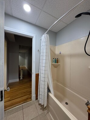 Hair dryer, towels, soap, toilet paper