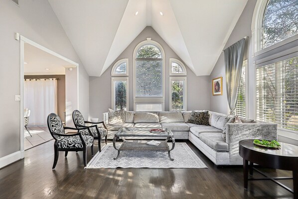 TV connectée, cheminée, livres