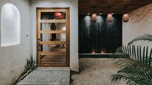 Un intérieur moderne avec une porte en bois, un mur en pierre et un élément décoratif aquatique.