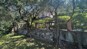 Un mur de pierre avec un bâtiment dont une partie est cachée par les arbres.
