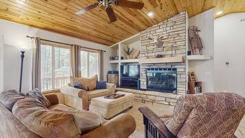 Una televisión, una chimenea, un reproductor de DVD