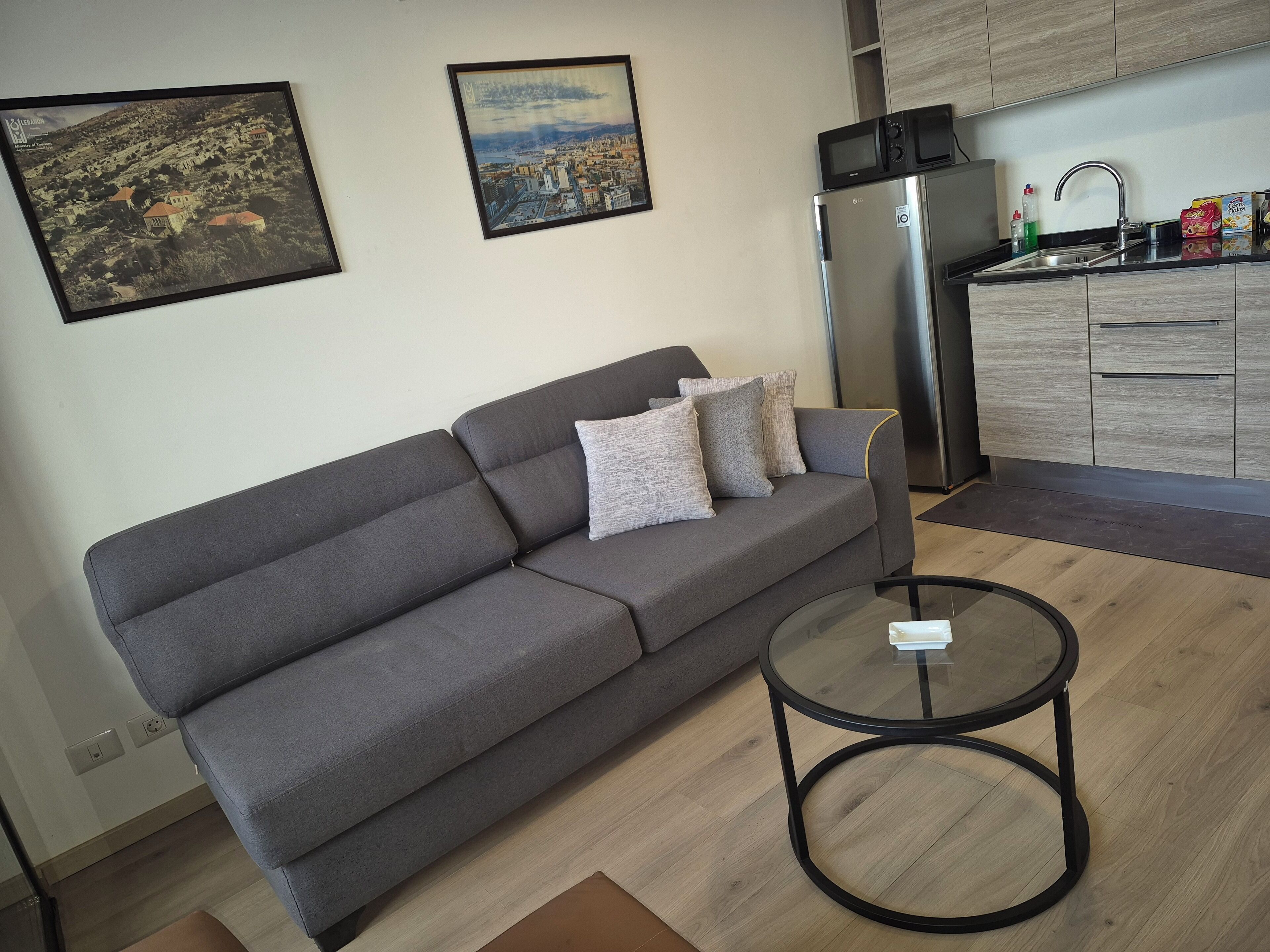 Una sala de estar moderna con un sofá gris, dos cojines, una mesa de centro de vidrio y una zona de cocina con refrigerador y microondas.