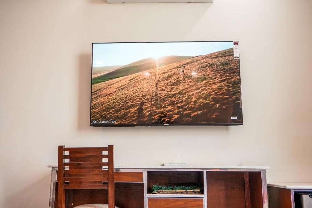 Un televisore fissato al muro mostra una scena di paesaggio.