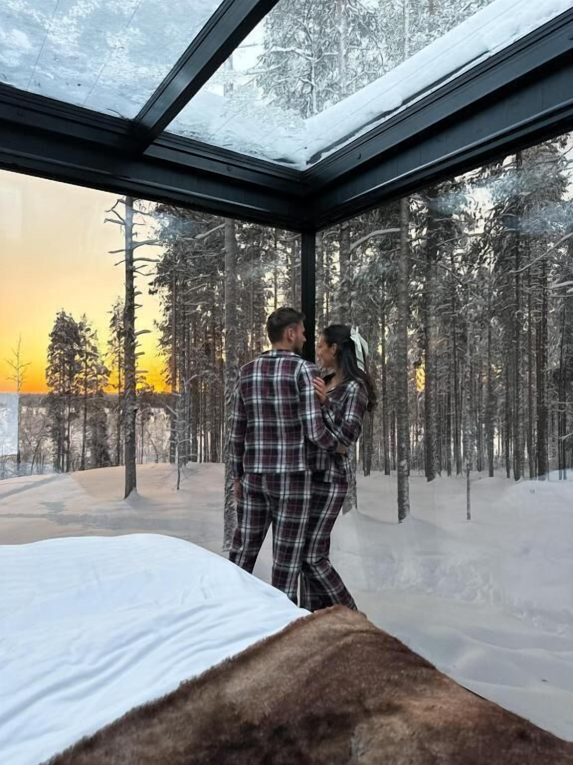 A bedroom with a large window overlooking a snowy forest.
