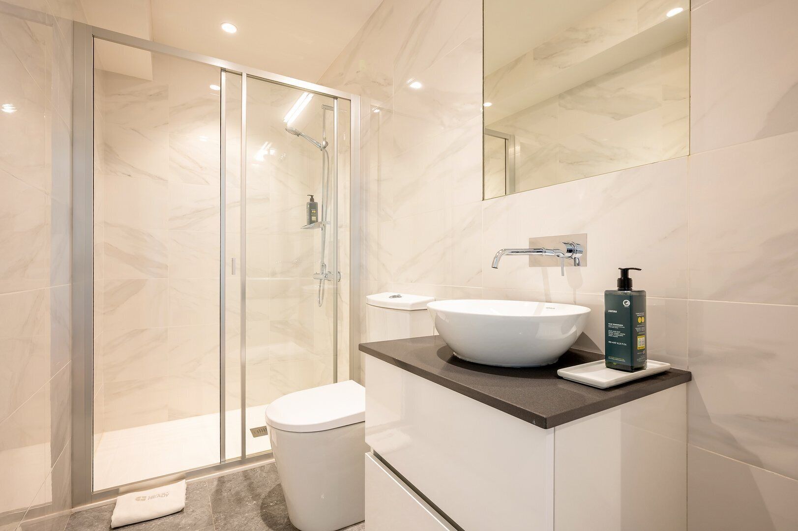 Une salle de bain moderne avec une douche à parois de verre, un lavabo blanc et un grand miroir.