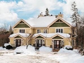 A two-story house with a symmetrical facade, a central chimney, and a snow-covered roof.