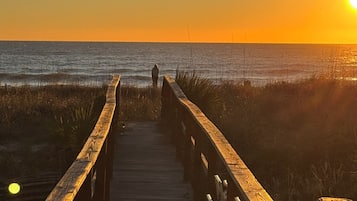 On the beach, sun-loungers, beach towels
