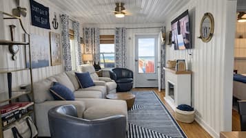 Smart TV, fireplace, books, computer monitors