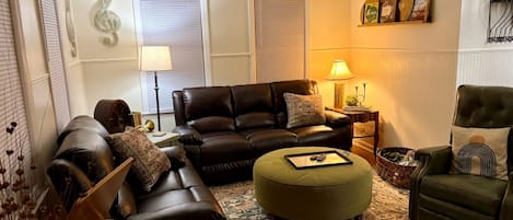 Smart TV, fireplace, books, music library
