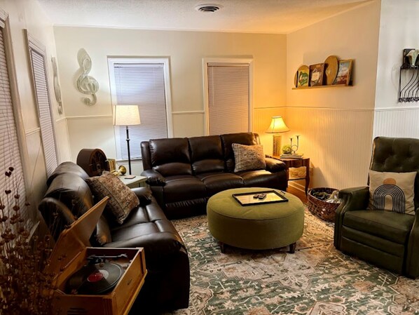 Smart TV, fireplace, books, music library