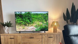 A living room with a television on a wooden cabinet, a black leather chair, a patterned rug, and a plant in a vase. - Loft Eira Cálm&luxury Views Sierra Nevad Parking included (Sierra nevada)