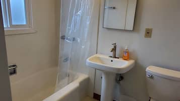 Hair dryer, towels, soap, shampoo