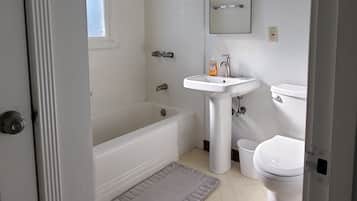 Hair dryer, towels, soap, shampoo