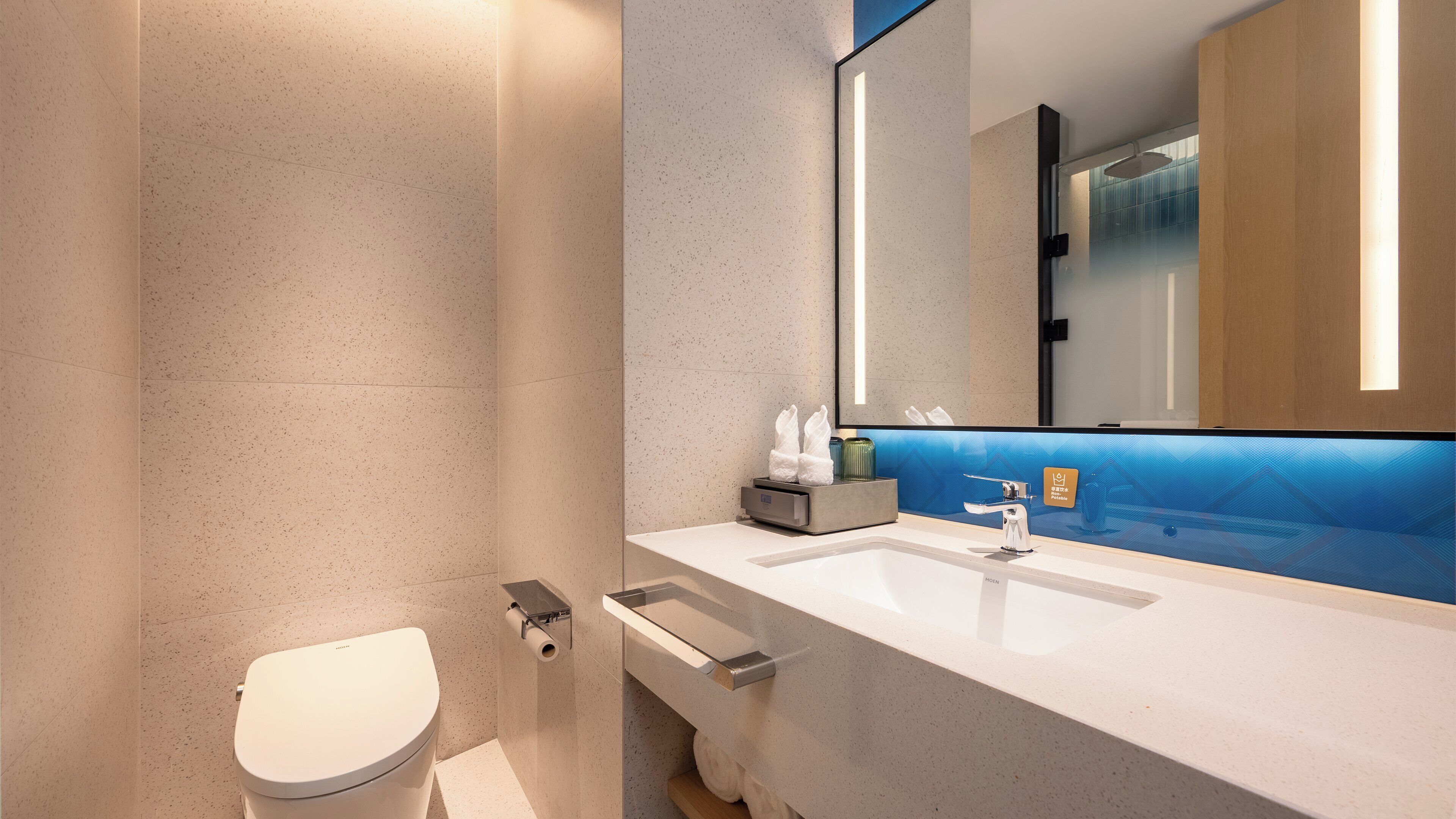 A modern bathroom with a toilet, sink, and mirror.