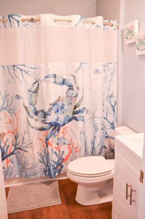 Shower, hair dryer, shampoo