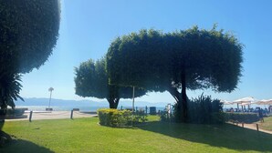 Ein gepflegter Park mit ordentlich geschnittenen Bäumen, einem klaren Weg und Blick auf das Meer im Hintergrund.