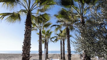En privat strand, liggestole, parasoller, badehåndklæder