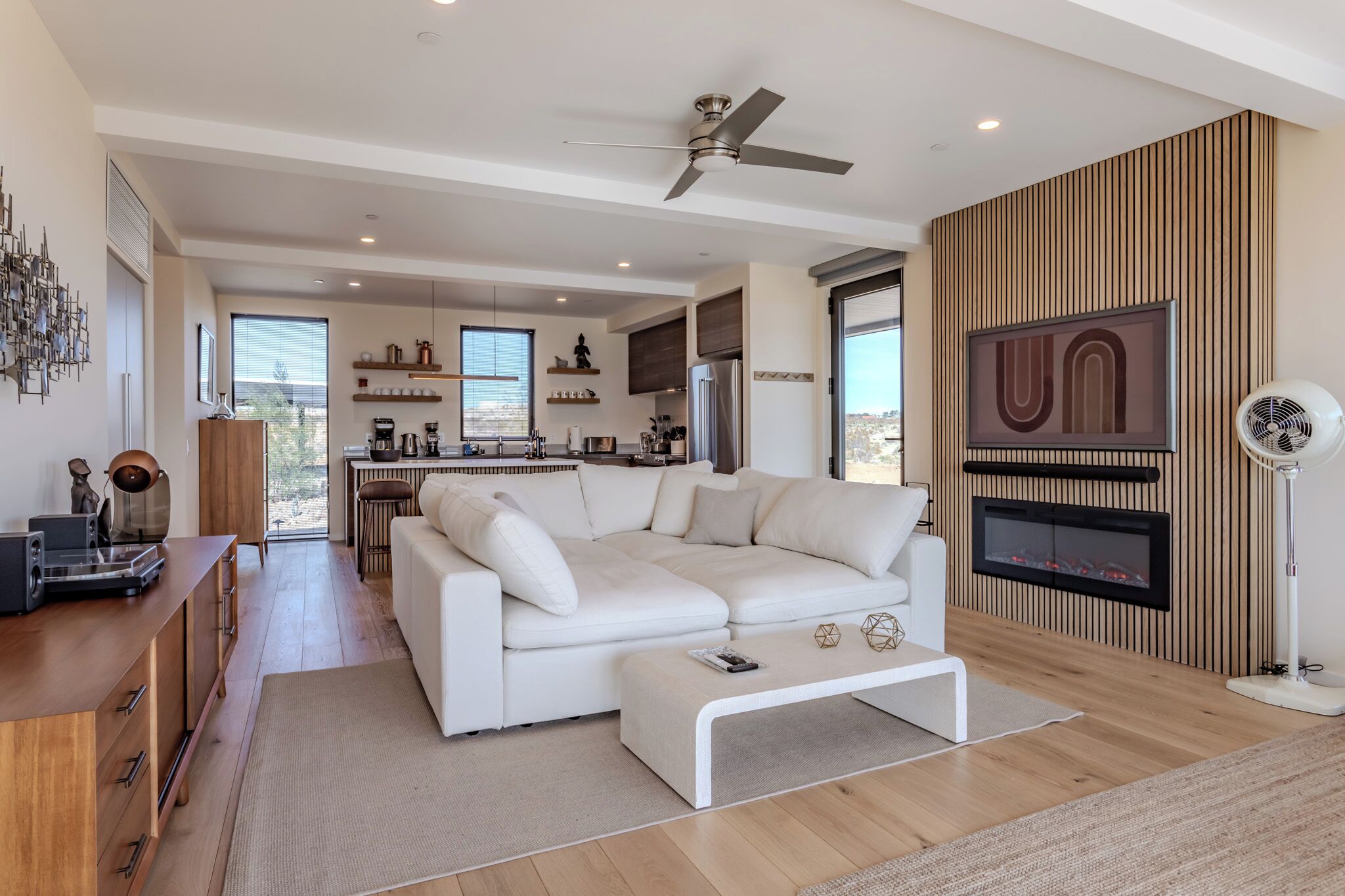 Smart TV, fireplace, books, stereo