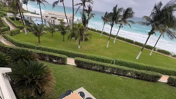 En patio med et bord og stole, et overdækket siddeområde og udsigt til havet med palmer.