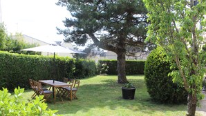 Un jardin avec une table et des chaises en bois, une plante en pot et un grand arbre.