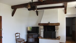 Une pièce avec une cheminée, un téléviseur et une chaise en bois.