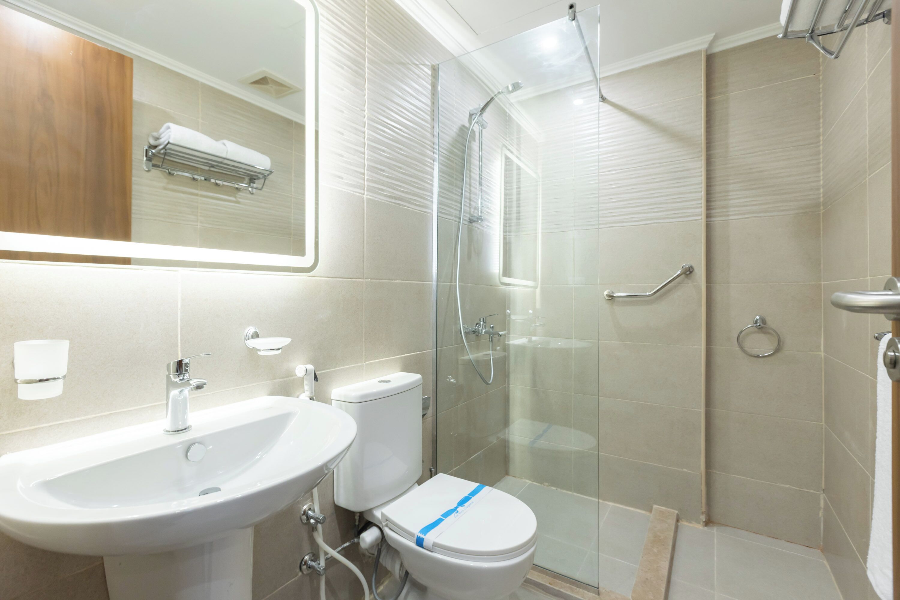 A modern bathroom with a glass-enclosed shower, a sink, and a toilet.