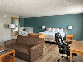 Una habitación de hotel con cama, escritorio, sillón, sofá y baño con bañera.