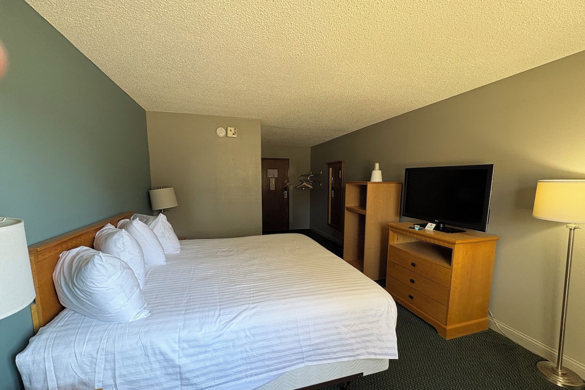 A hotel room with a bed, a TV, a desk, and a lamp.