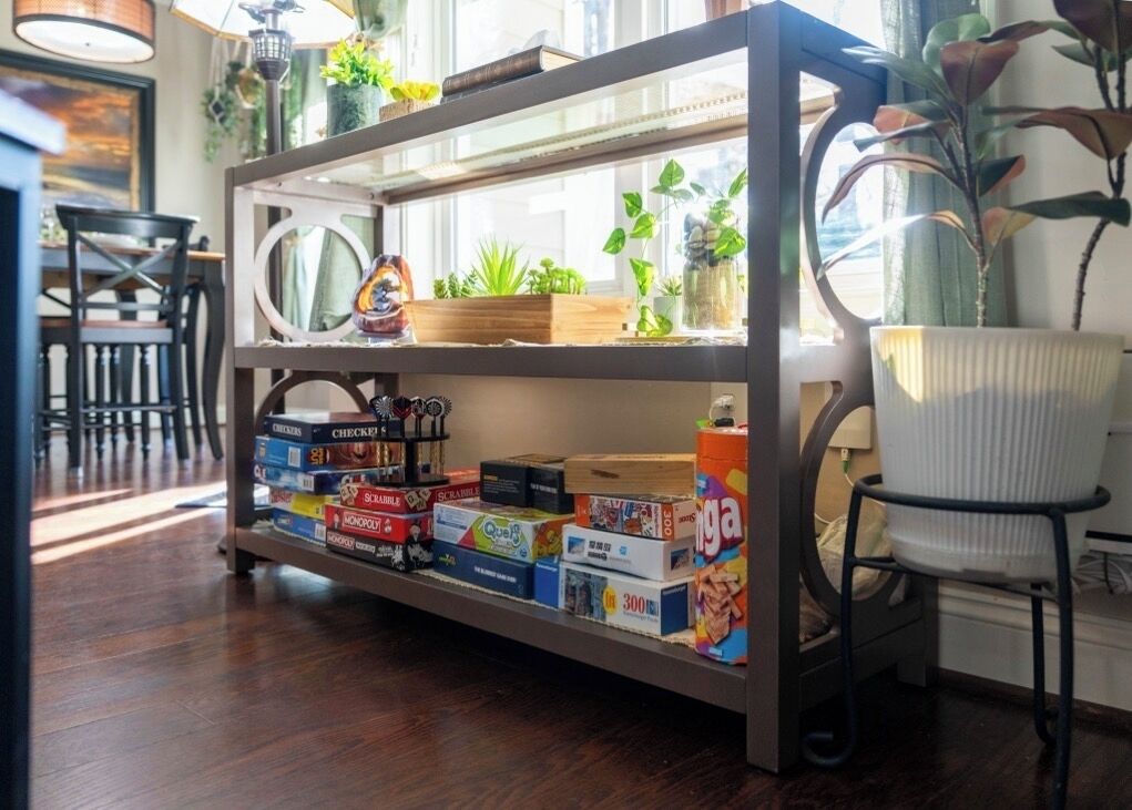 Une bibliothèque contenant des jeux de société et une plante en pot.