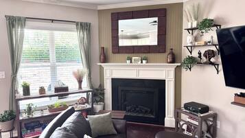 Smart TV, chimenea y libros