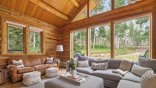 A log cabin interior with a leather sofa, a grey sectional, and a coffee table with books and a vase. - Telluride Escape | Private Decks w/ Views (Telluride)