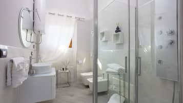 Shower, hair dryer, bidet, towels