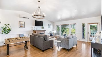 TV, fireplace, foosball, offices