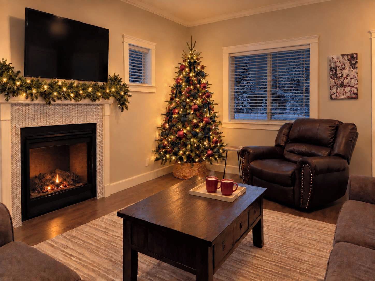 Una sala de estar con chimenea, un árbol de Navidad, un sillón de cuero y un televisor de pantalla plana.