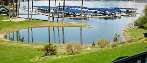 A lakeside property with a dock, a small boat, and a grassy area.