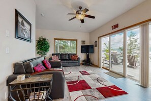 Televisio, takka, DVD-soitin, työhuone