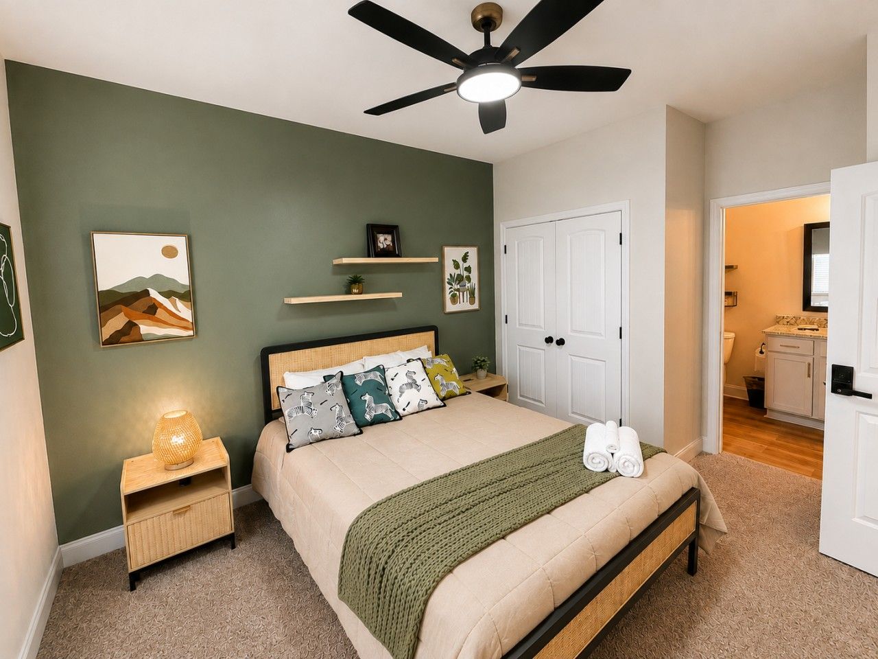 A bedroom with a bed, bedside tables, a ceiling fan, and a door leading to a bathroom.