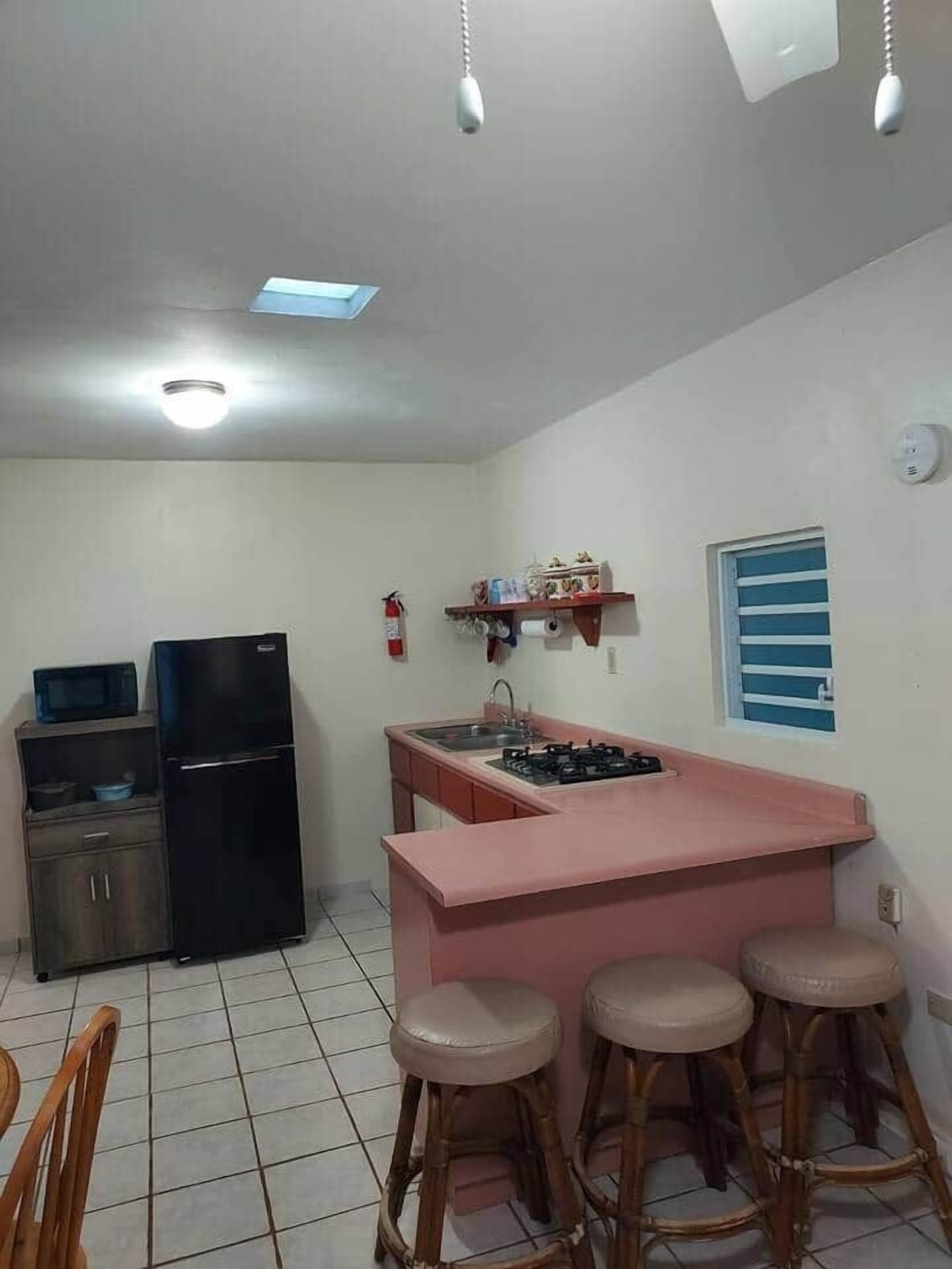 Fridge, microwave, stovetop, toaster