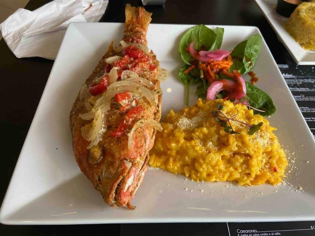 A plate with a cooked fish, a side of yellow risotto, and a fresh salad.