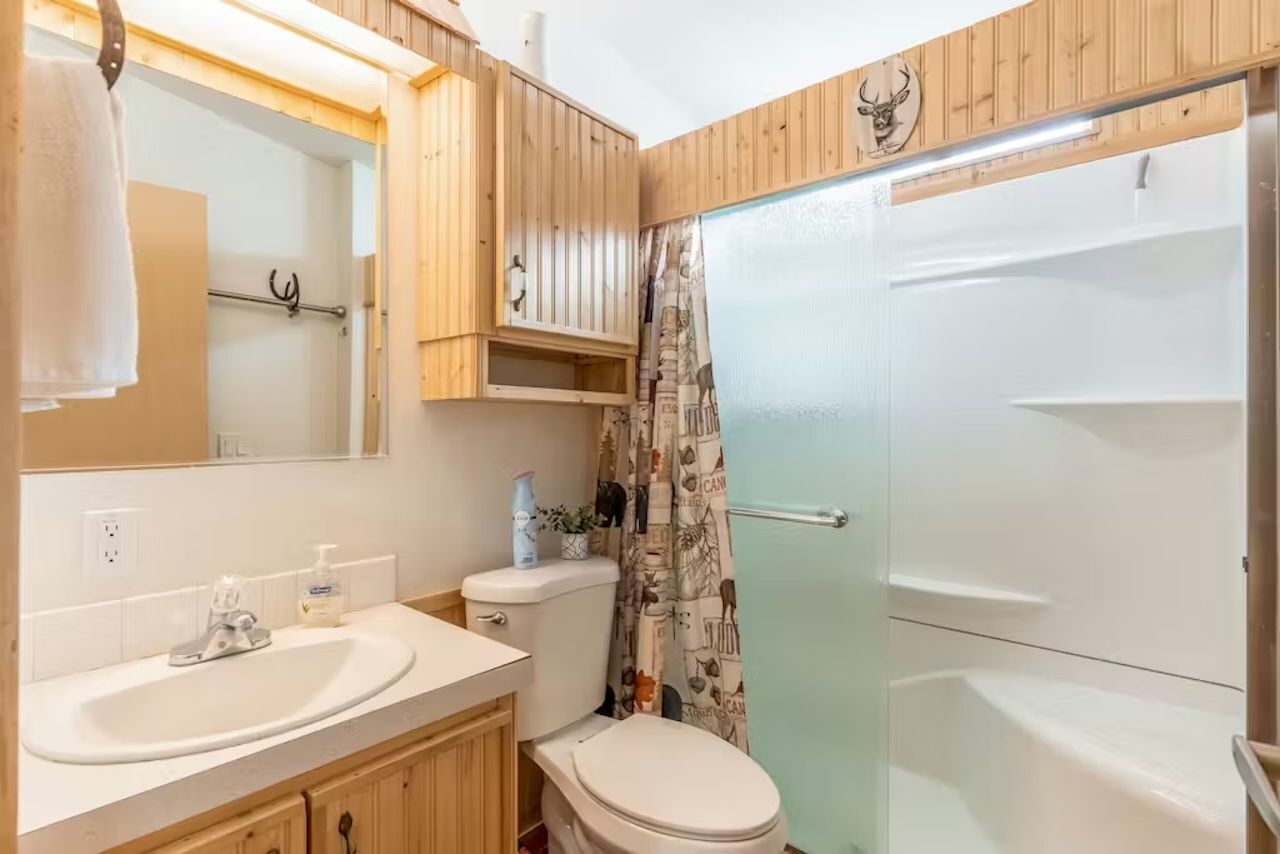 A bathroom with a wooden vanity, a sink, a toilet, and a shower area.