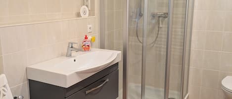 Shower, towels, toilet paper